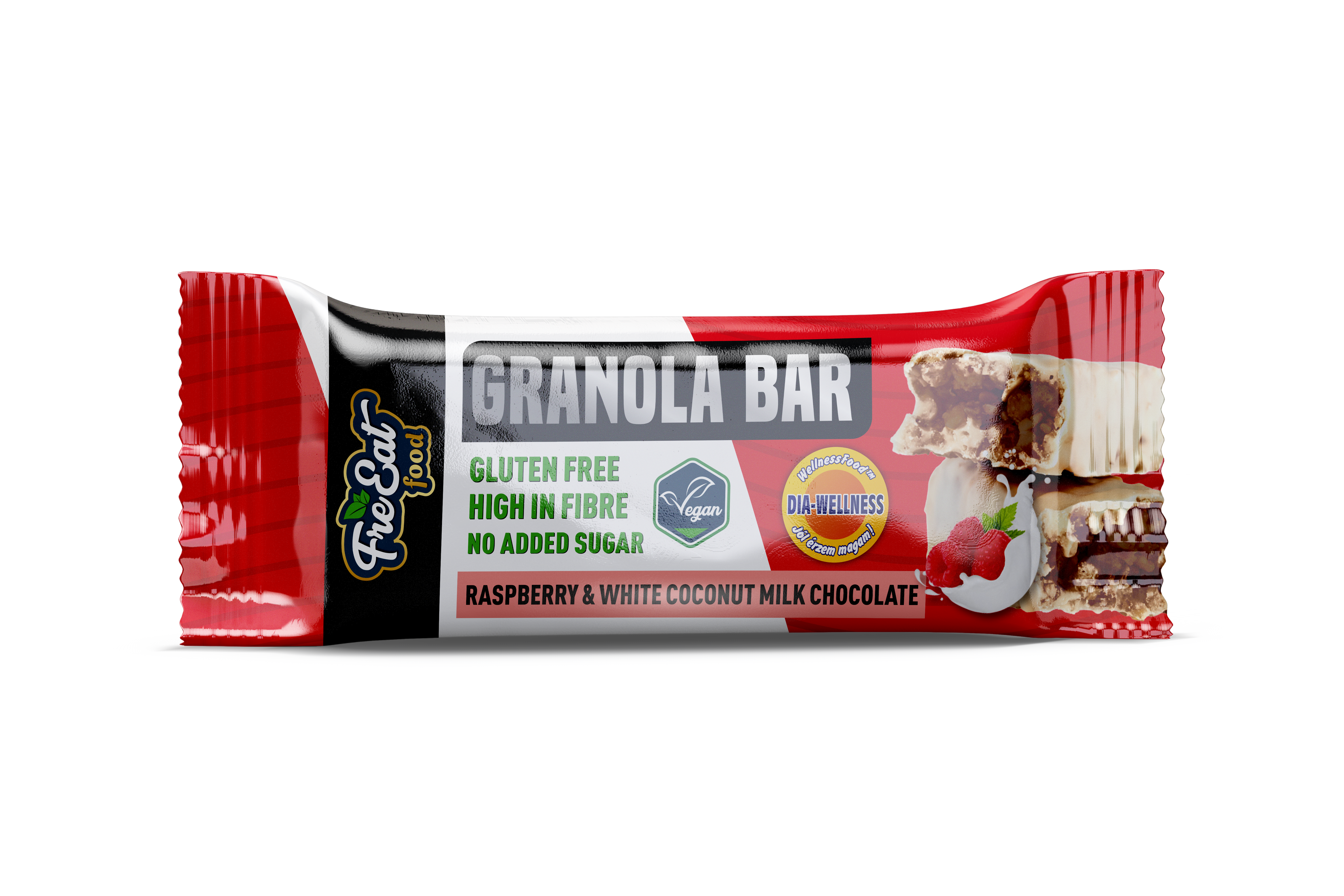 Dia-Wellness - FreEat Food Málnás Granola Bar kókusztejes fehér csokoládéval mártva 50g