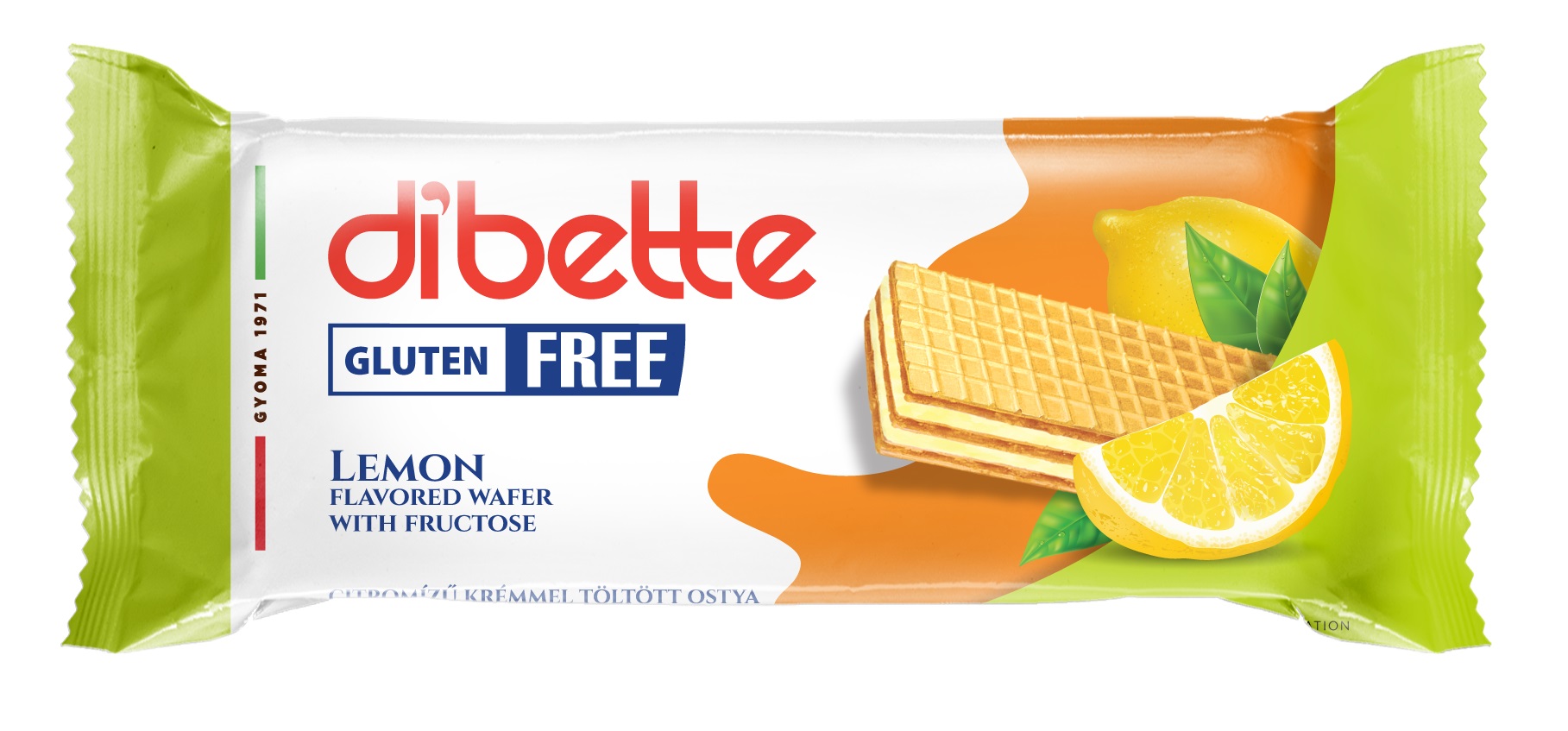 Dibette citrom ízű krémmel töltött mártatlan ostya, fruktózzal gluténmentes 50 g