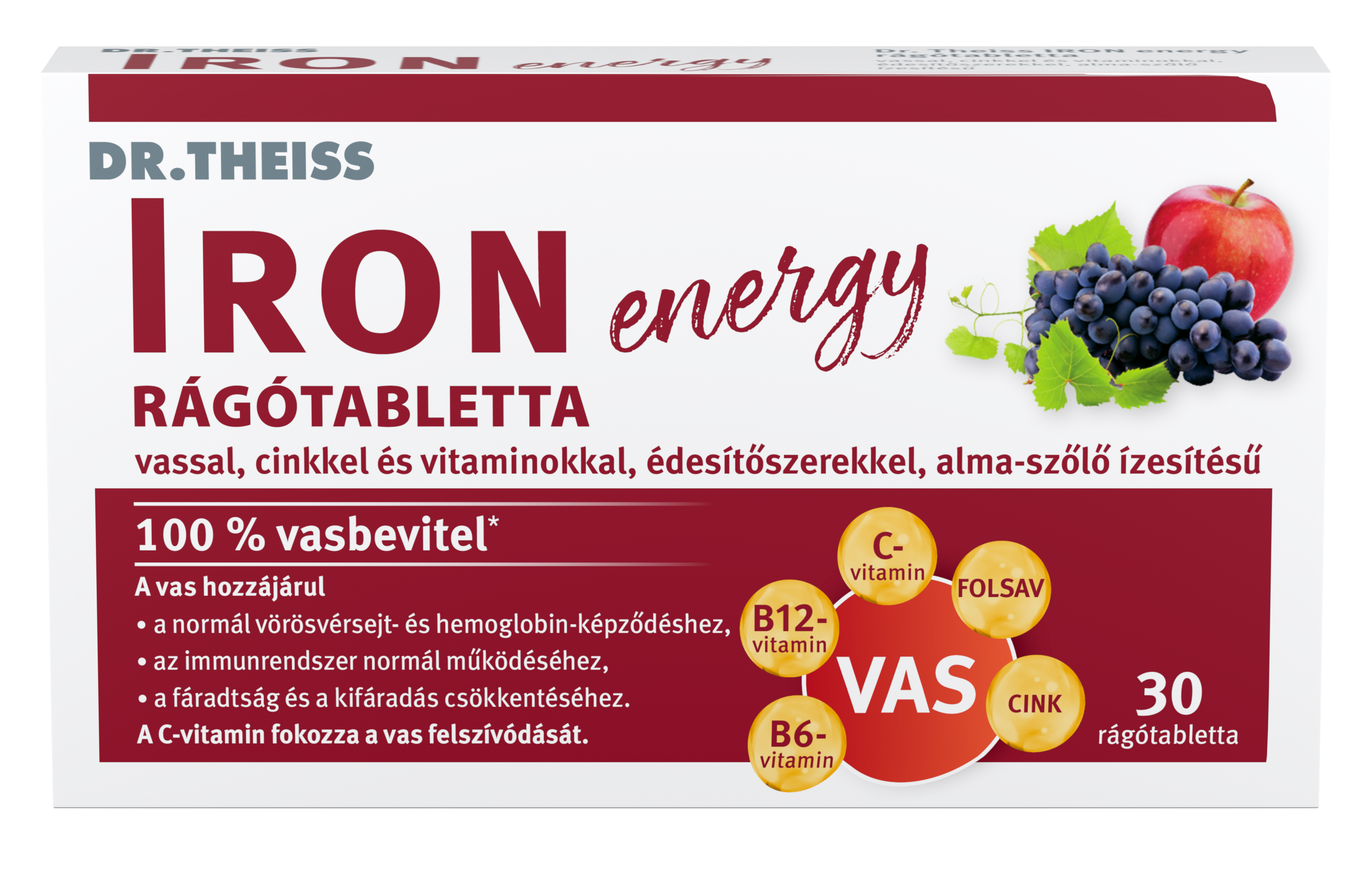 Dr.Theiss iron energy rágótabletta vassal, cinkkel és vitaminokkal alma-szőlő ízben 30 db