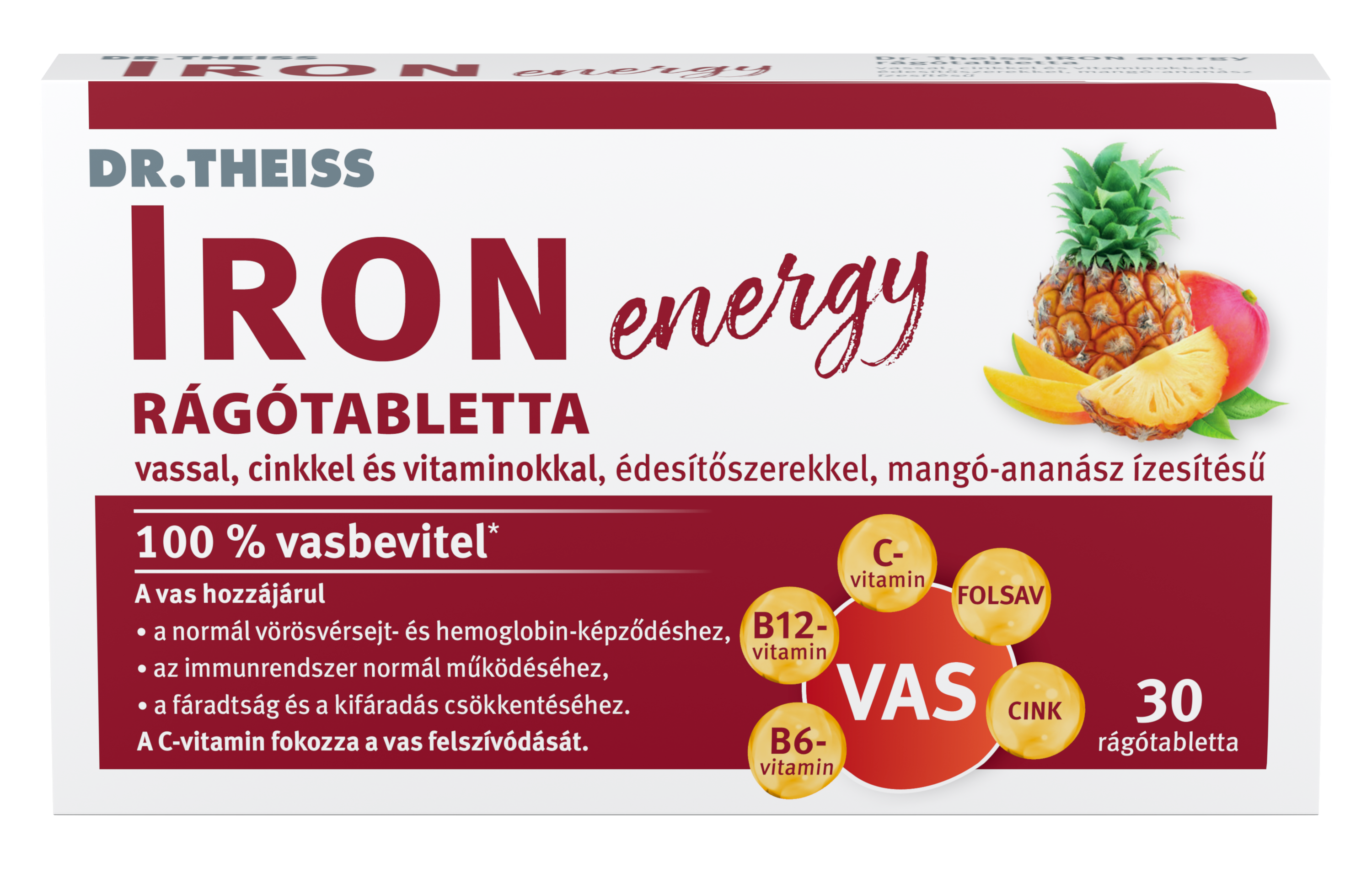 Dr.Theiss iron energy rágótabletta vassal, cinkkel és vitaminokkal mangó-ananász ízben 30 db