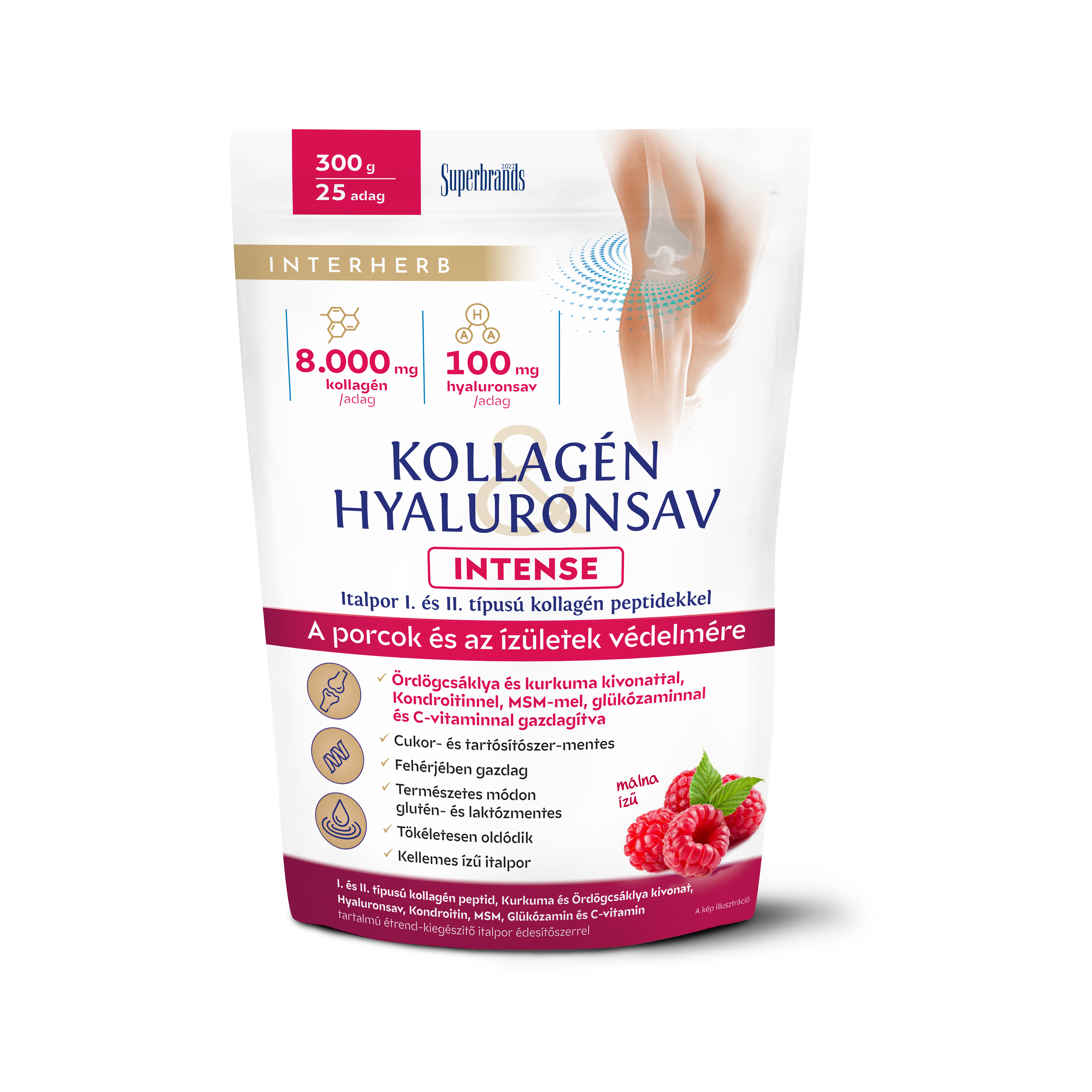 Interherb kollagén és hyaluronsav porcépítő italpor intense málna ízű 300 g