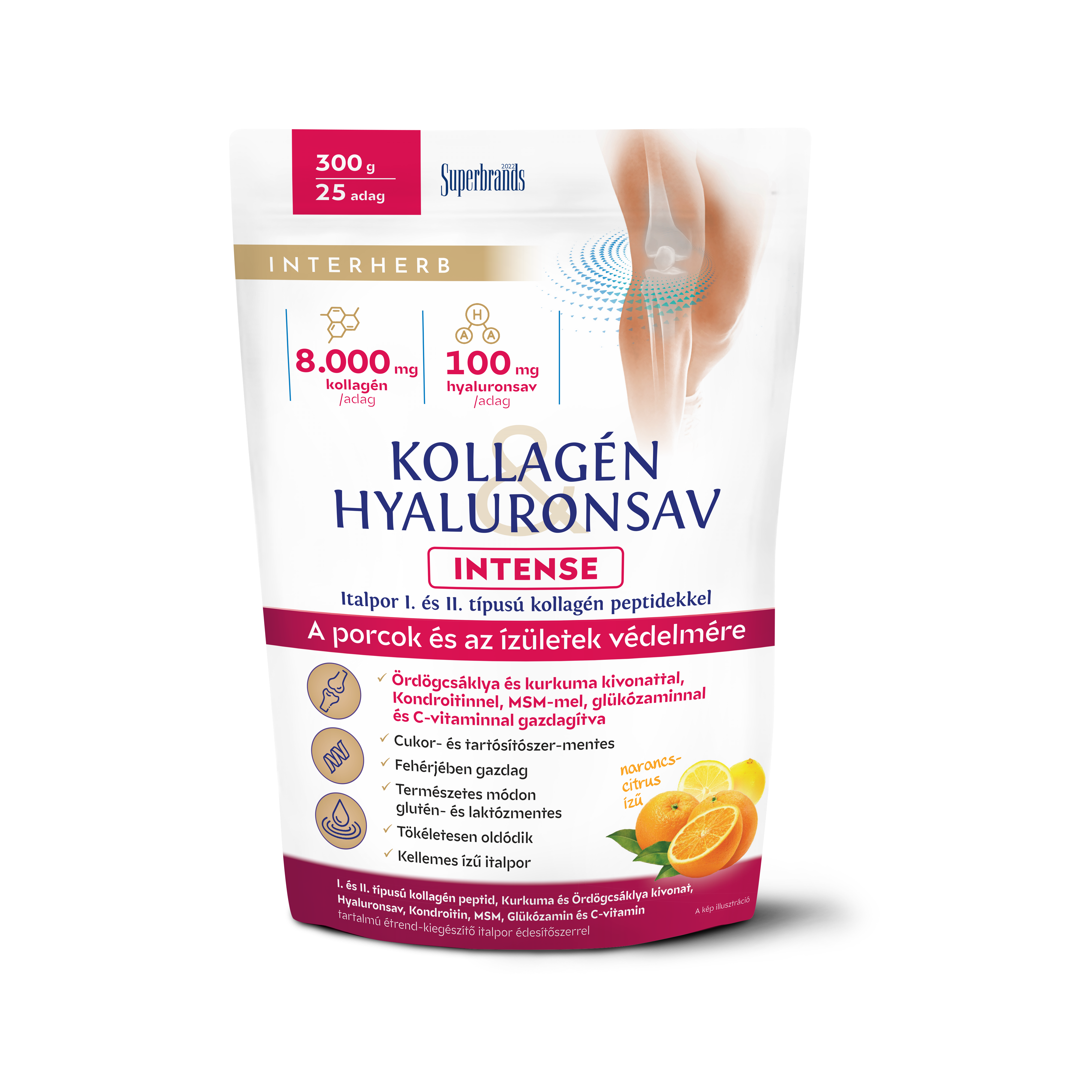 Interherb kollagén és hyaluronsav porcépítő italpor intense narancs-citrus ízű 300 g