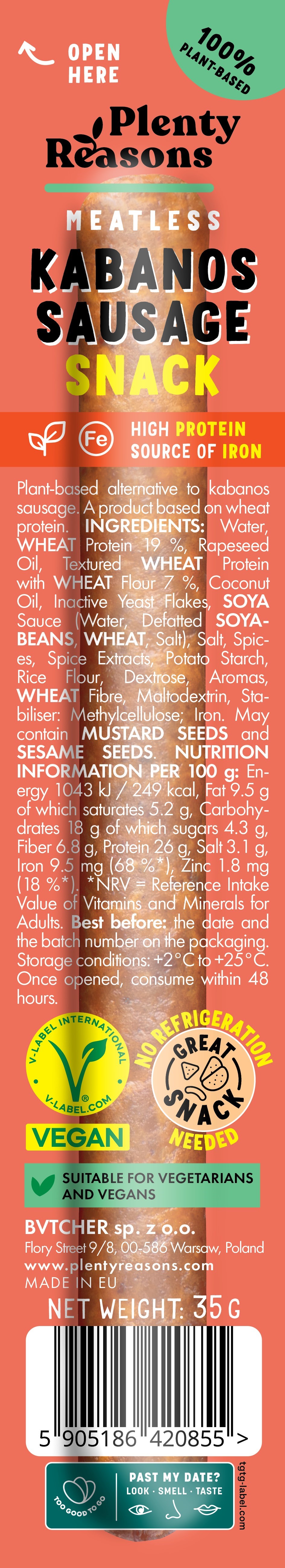 Plenty Reasons vegán single kabanossi kolbász snack 35 g