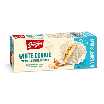Bergen white cookie fehércsoki bevonatos kókuszos keksz hozzáadott cukor nélkül 100 g
