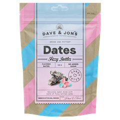 Dave & Jon`s dates fizzy bottles mag nélküli ízesített datolya savanykás rágógumi ízben, hozzáadott cukor nélkül 125 g