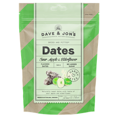 Dave & Jon`s dates mag nélküli ízesített datolya savanyú alma és bodzavirág ízben, hozzáadott cukor nélkül 125 g