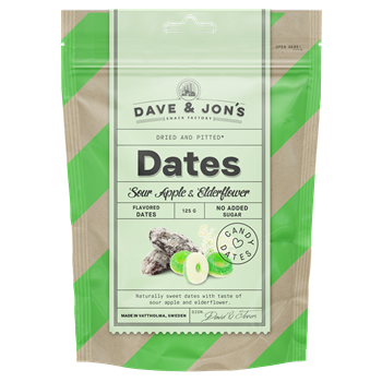 Dave & Jon`s dates mag nélküli ízesített datolya savanyú alma és bodzavirág ízben, hozzáadott cukor nélkül 125 g