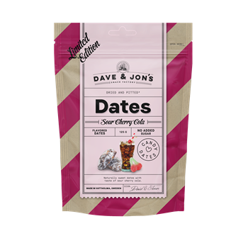 Dave & Jon`s dates sour cherry cola mag nélküli ízesített datolya cherry cola ízben, hozzáadott cukor nélkül 125 g