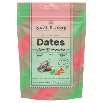 Dave & Jon`s dates sour watermelon mag nélküli ízesített datolya görögdinnye ízben, hozzáadott cukor nélkül 125 g