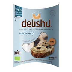 Delishu vegán, kesudióból készült  friss sajt jellegű készítmény fekete fokhagymával 100 g