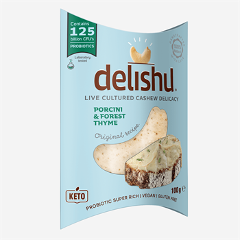 Delishu vegán, kesudióból készült  friss sajt jellegű készítmény vargánya gombával és vad kakkukfűvel 100 g