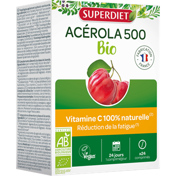 Superdiet acerola 500mg, 100%-ban természetes c-vitamin 85mg gyümölcs ízű vegán rágótabletta 24 db