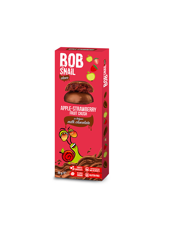 Bob Snail Ovocná pochúťka jablko-jahoda v mliečnej čokoláde 30g