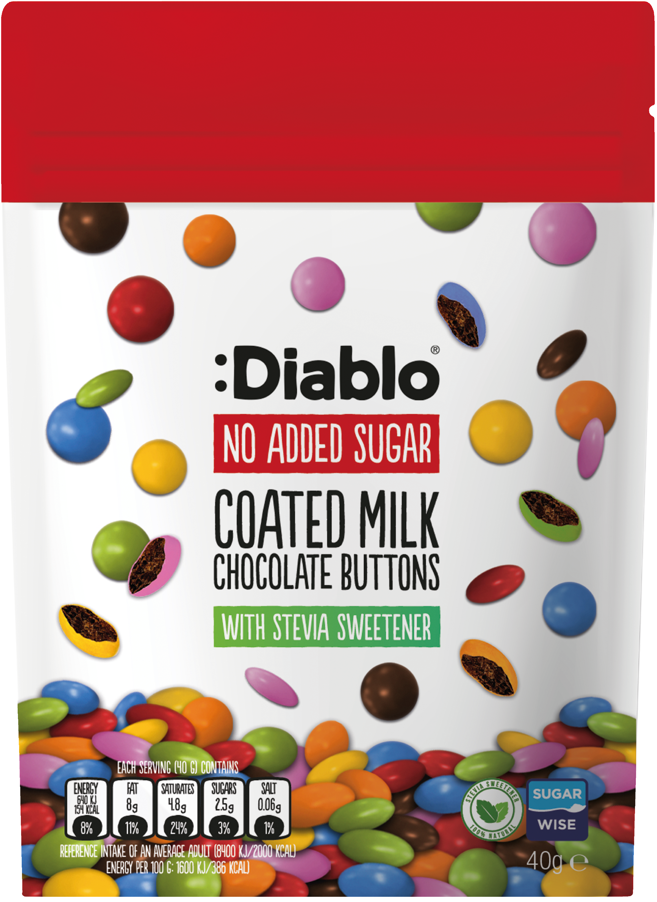 Diablo čokoládové lentilky s mliečnou čokoládou so stéviou 40 g