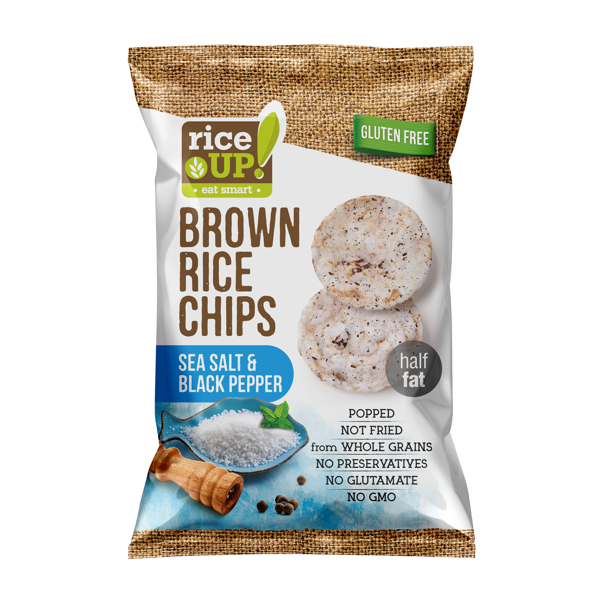 Rice Up celozrnné ryžové chipsy s morskou soľou a čiernym korením 60 g