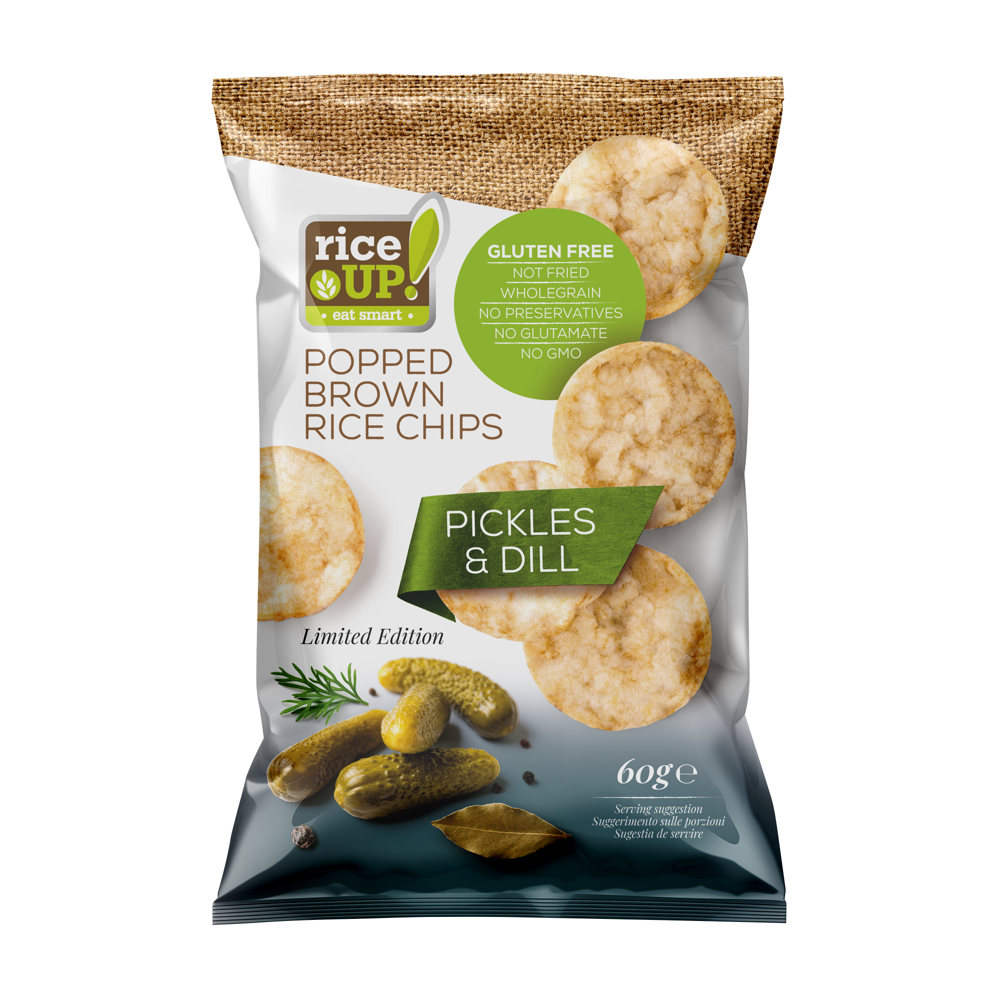 Rice Up hnedé ryžové chipsy s príchuťou uhorky a kôpru 60 g