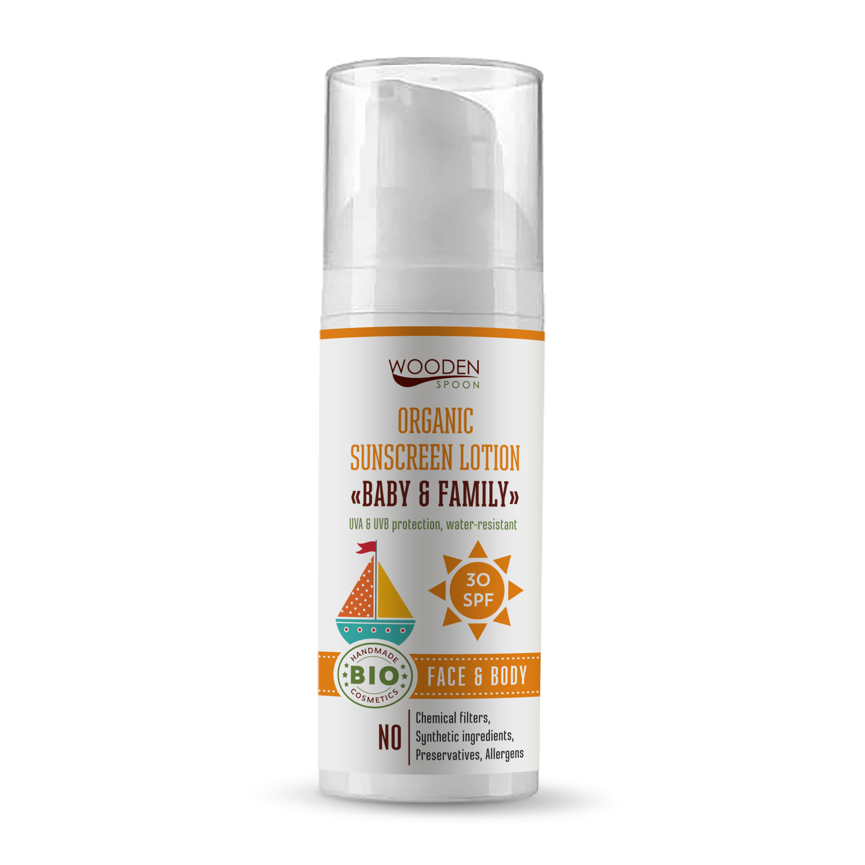 WoodenSpoon Opaľovacie telové mlieko pre bábätká a rodinu SPF30 50 ml